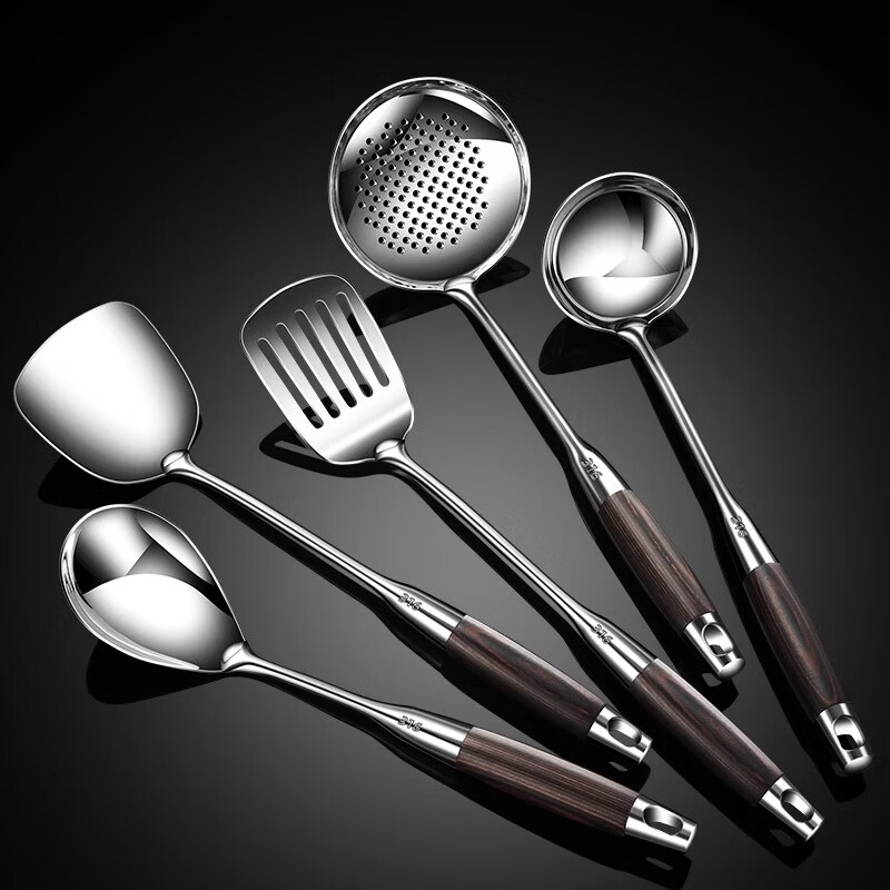 骆骐亚德国316不锈钢锅铲套装炒菜铲子厨具家用炒菜勺长柄汤勺漏勺煎铲 316钢 彩木柄 六件套