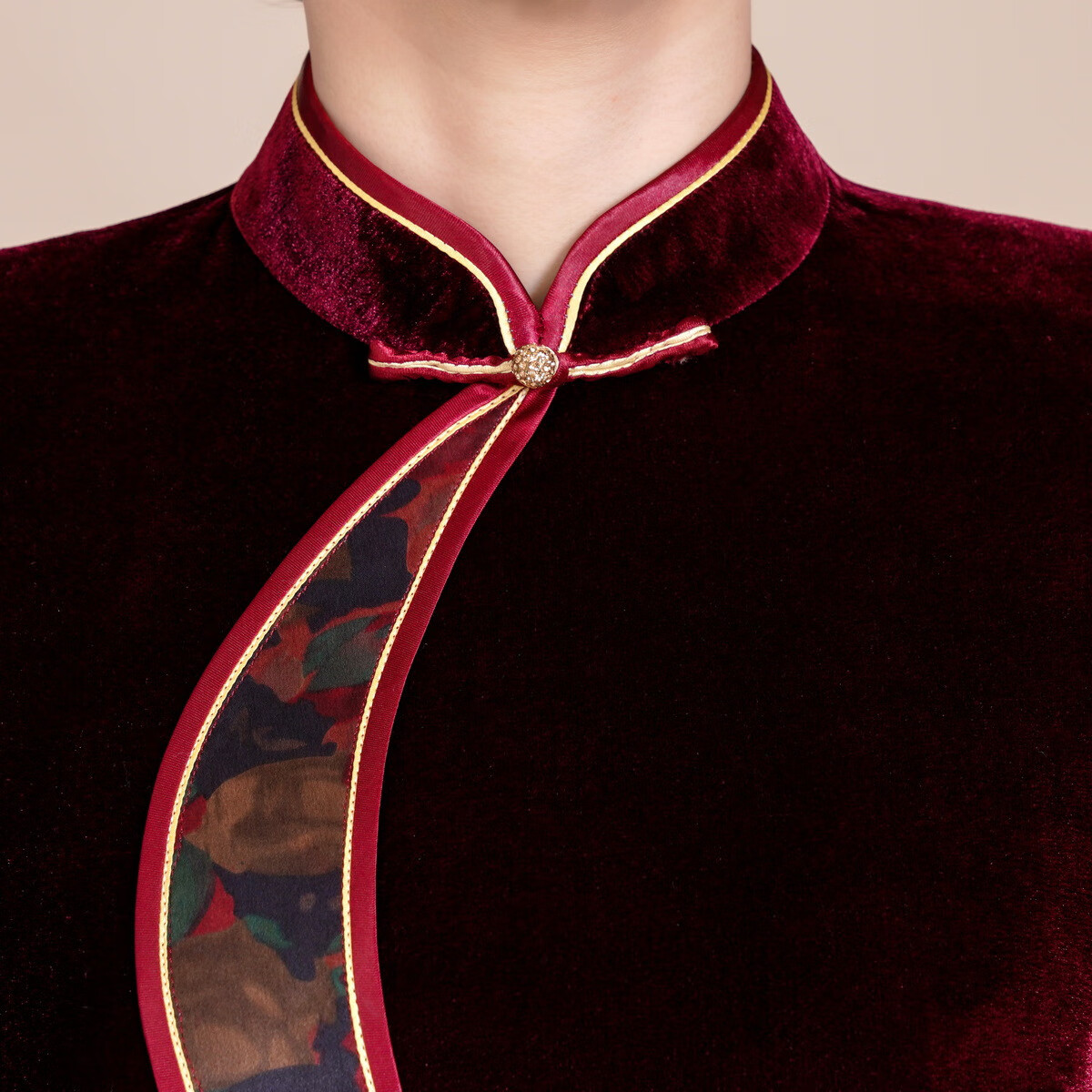 鸿韵绣旗袍中国风春秋日常修身大码婚宴礼服长款喜婆婆改良丝绒旗袍裙女 【酒红七分袖】拼香云纱长款 2XL