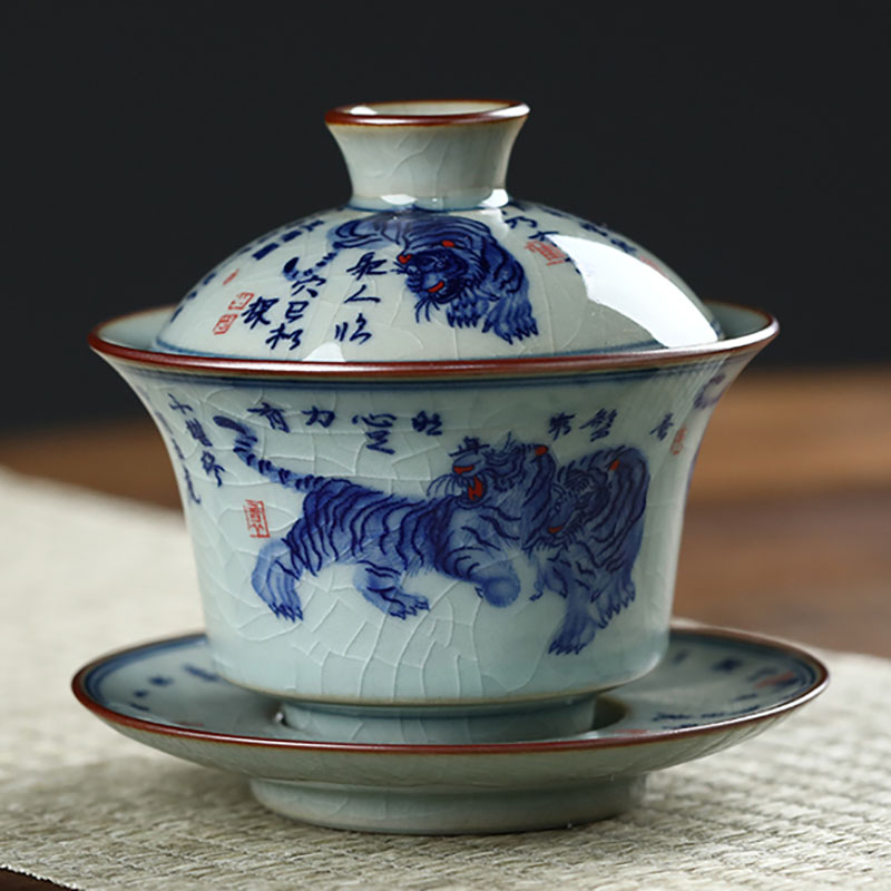 聚均阁 景德镇老陶泥五虎图青花三才盖碗陶瓷泡茶碗套装家用功夫茶具