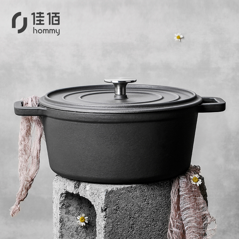 佳佰 铸铁汤锅 炖煮锅 珐琅锅搪瓷锅 直火电磁炉通用 双耳圆形25cm-高级磨砂灰