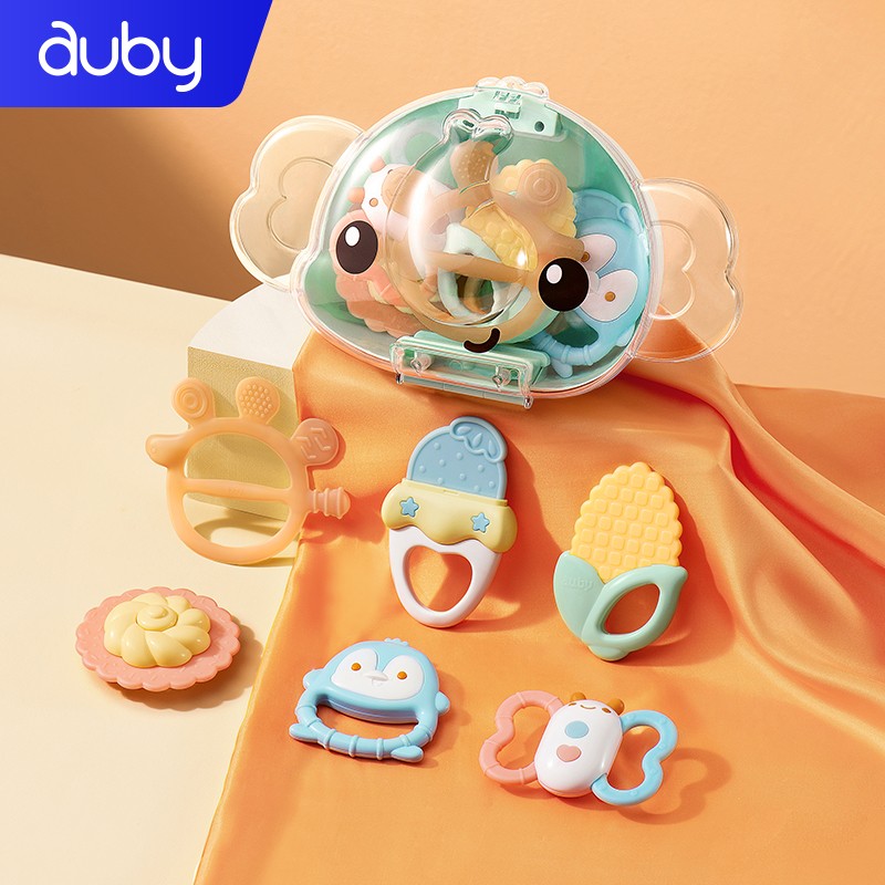 澳贝（auby）���儿牙胶小蘑菇安抚硅胶磨牙宝宝防吃手玩具咬咬乐牙咬胶摇铃 【配收纳盒】牙胶*2+摇铃*4