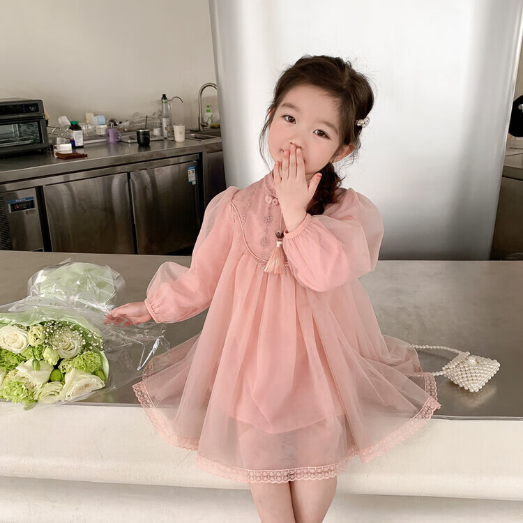 春夏装连衣裙2023新款洋气小女孩长袖裙子宝宝礼服女童连衣裙 粉色
