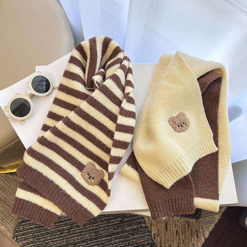 童秋冬季加厚韩版时尚条纹儿童围脖保暖毛线围巾 针织儿童拼色款-米咖