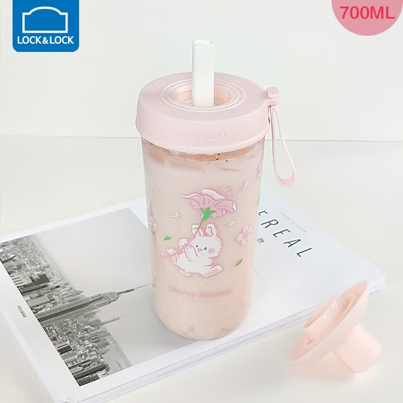 乐扣乐扣(LOCK&LOCK)奶茶杯塑料杯吸管杯便携提手水杯女果汁咖啡杯 樱花粉-700ML
