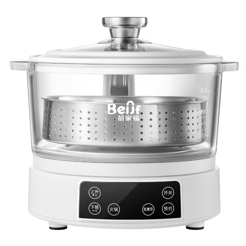 蓓家福（BeiJF）低糖电饭煲米汤分离家用智能升降式电饭煲全自动滤沥水饭锅3升玻璃透明蒸煮米饭锅 3升玻璃款 白色 带预约 侧边升降适合1-3人 3L