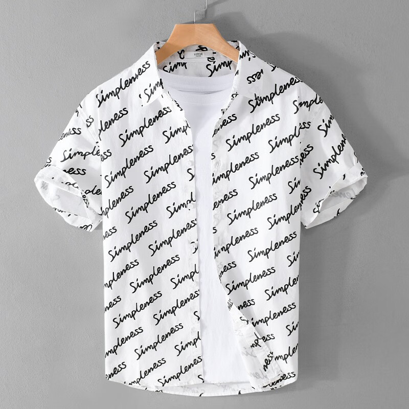 歌世爵夏季新款男装英文字母印花短袖衬衫潮流气时尚百搭棉质衬衣男