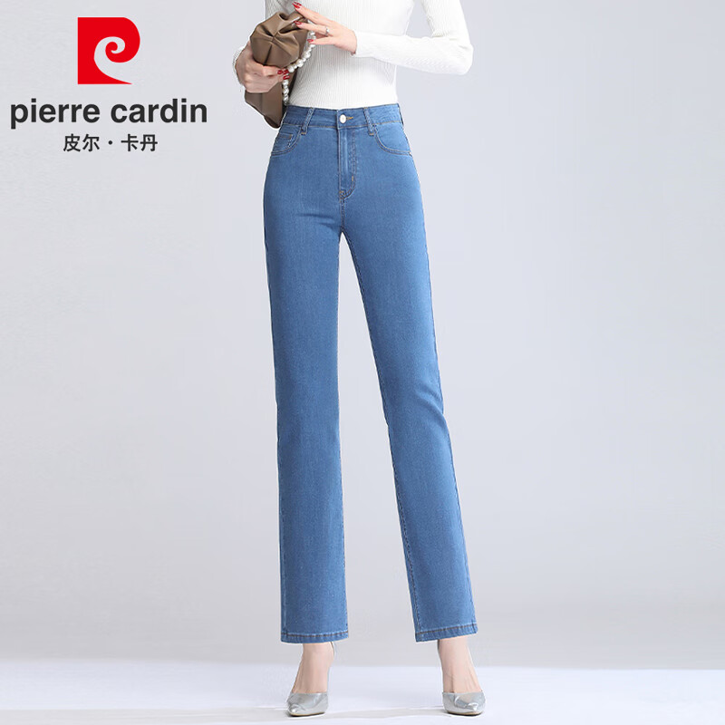 皮尔卡丹牛仔裤女春季高腰显瘦修身直筒裤子epgms1923浅蓝30码