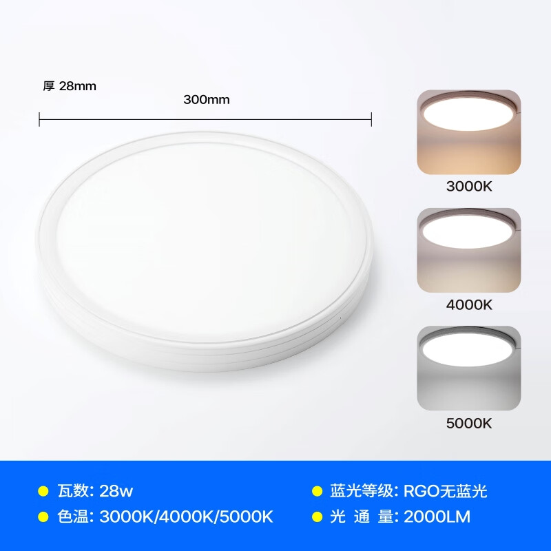 LIGHTPOOL 全光谱吸顶灯 客厅儿童书房 卧室 rg0低蓝光防频闪led护眼吸顶灯 超薄款吸顶灯-28W-三色-侧发光