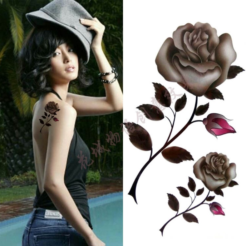 防水纹身贴女女款个性黑灰刺青贴性感仿真玫瑰腰部背腿部