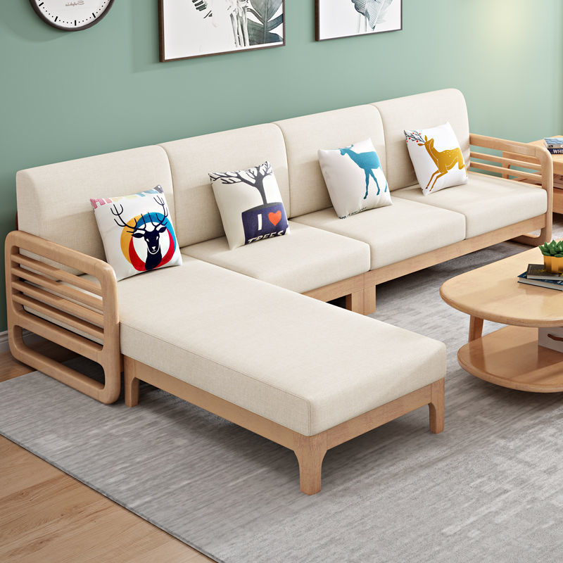 新品 全实木沙发客厅组合简约现代小户型客厅转角布艺原木沙发床 四人