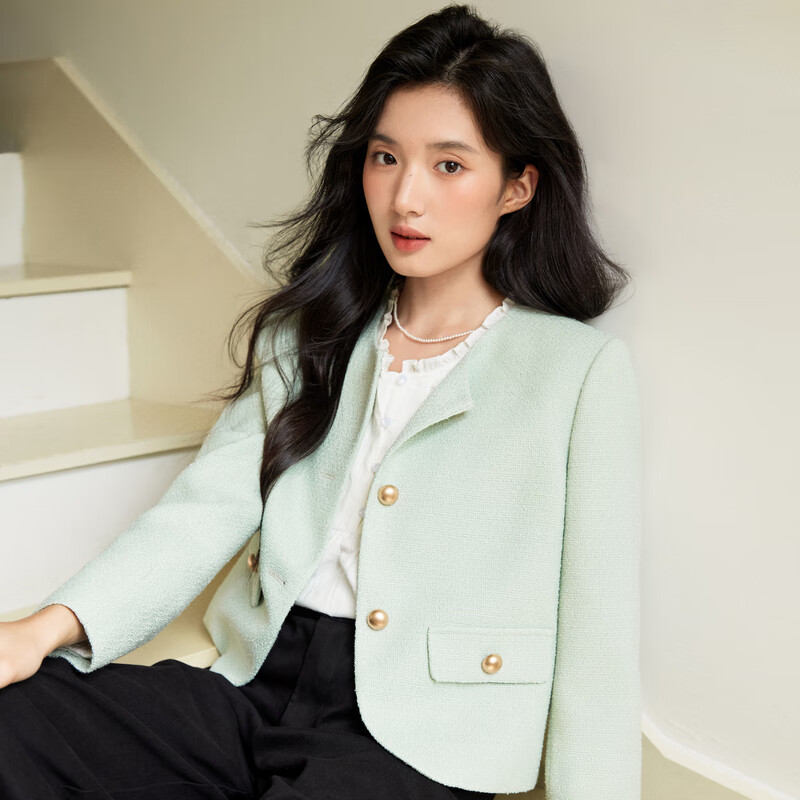 乐町甜美芭蕾风秋季新款撞色金属扣正肩圆领名媛小香风外套 浅绿色(现货) M