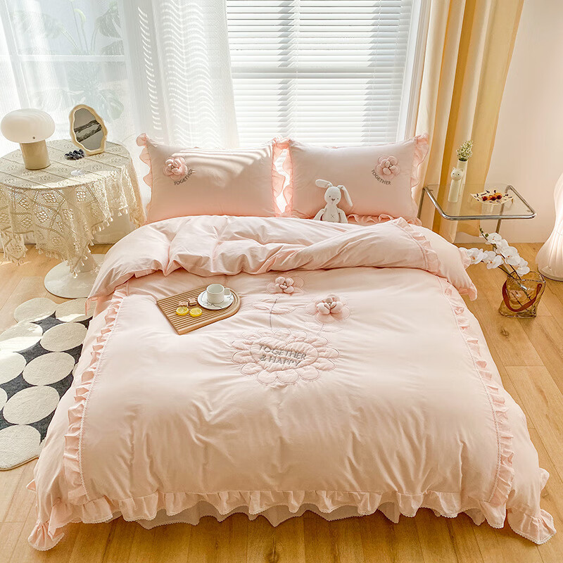 新款全棉水洗棉提花贴布绣四件套纯色纯棉荷叶边公主风床上套件 淡紫
