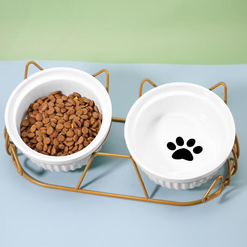 萌嘟星宠 猫碗陶瓷双碗狗食盆倾斜护颈宠物粮食碗干湿分离防打翻水碗套装使用感如何?