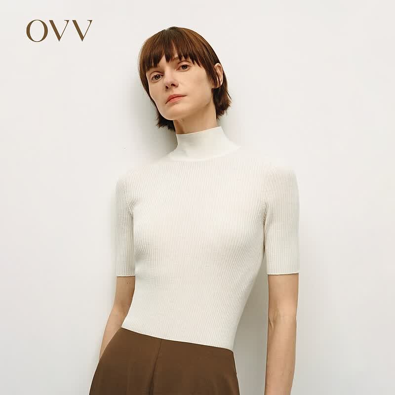 OVV【可机洗羊毛】24秋冬新款基础无缝修身弹力半高领短袖针织衫 半高领-短袖-象牙白 M