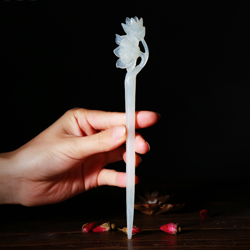 岫玉玉石发簪汉服头饰高档玉簪子莲花型手工精雕古风盘发发钗