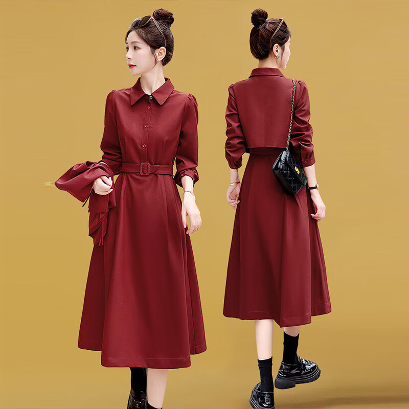 楚馨兩件套套裝裙子2026春秋季女裝新款時尚洋氣質高級感襯衫連衣裙 紅色 2XL