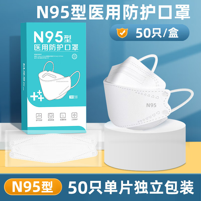 n95型防护口罩级别鱼嘴柳叶型口罩医护用 款鱼嘴型n95口罩50只独立包