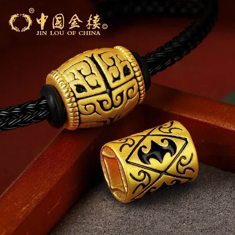 金楼 中国金楼黄金黑色烤漆足金999长筒珠图腾花纹转运珠男女情侣手串