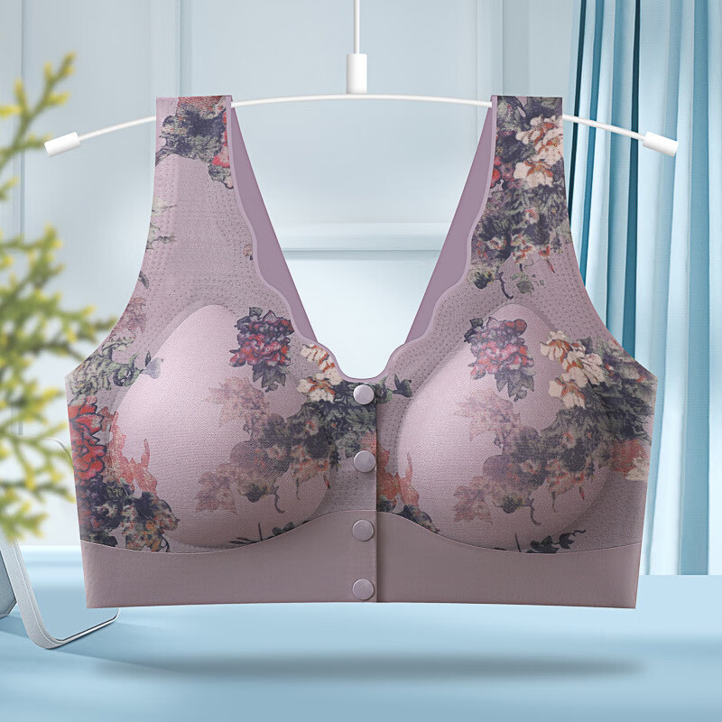 中老年内衣女前开扣式大码聚拢防下垂文胸上托舒适无痕印花内衣薄 紫色 2XL适合140-160斤