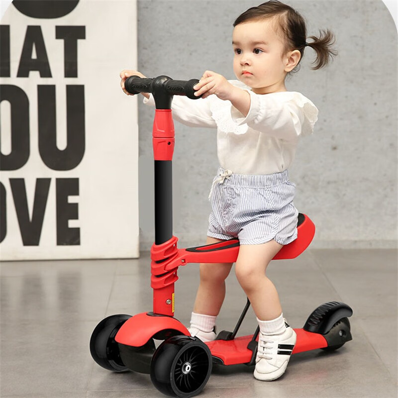 巨森 滑板车儿童2-8岁闪光三合一宝宝小孩滑滑踏板车儿童可坐 新款三合一升级款宝石红