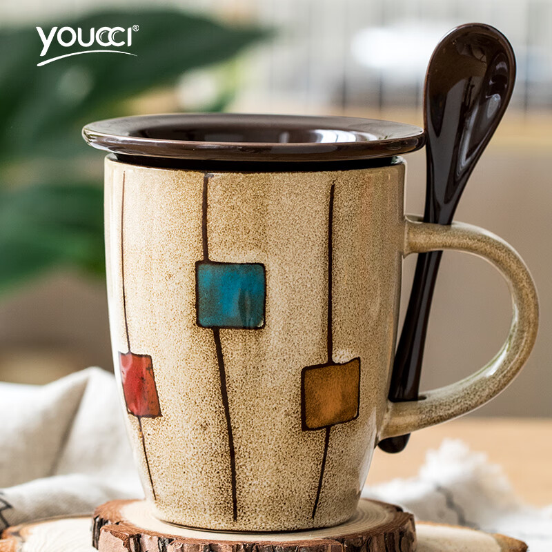 悠瓷（youcci） 陶瓷杯子家用牛奶杯创意鼓型手绘咖啡杯 办公室水杯带盖带勺马克杯日式复古 鼓型卡布其+棕瓷盖