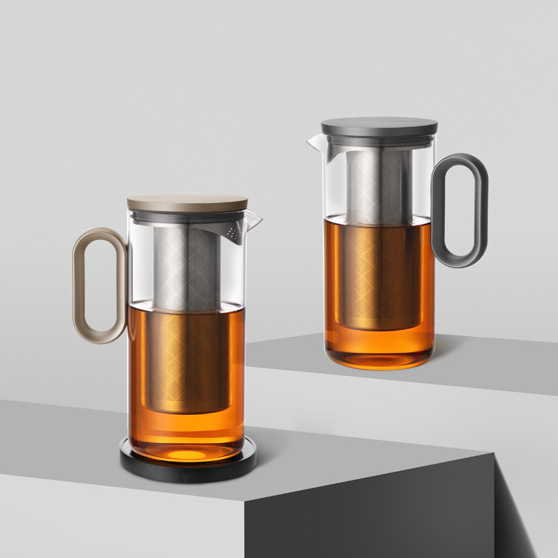 邦田(Bonston)家用泡茶壶耐热过滤玻璃茶壶磁吸盖胆简约水壶大容量单壶茶具 金灰色900ML+6水杯