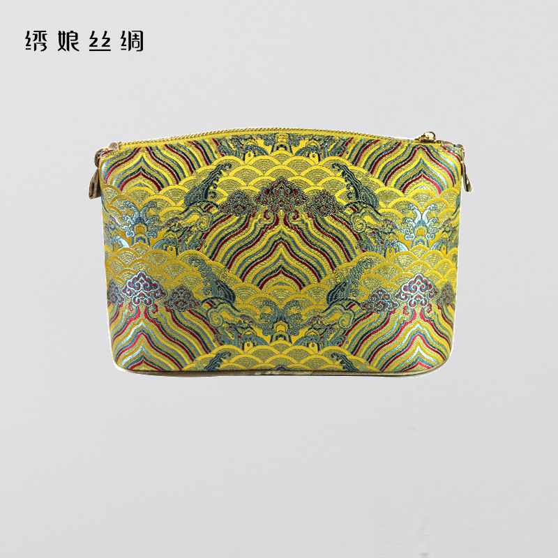 绣娘丝绸新款刺绣系列海水江崖纹手包女士高端时尚包包苏绣礼品 黄色