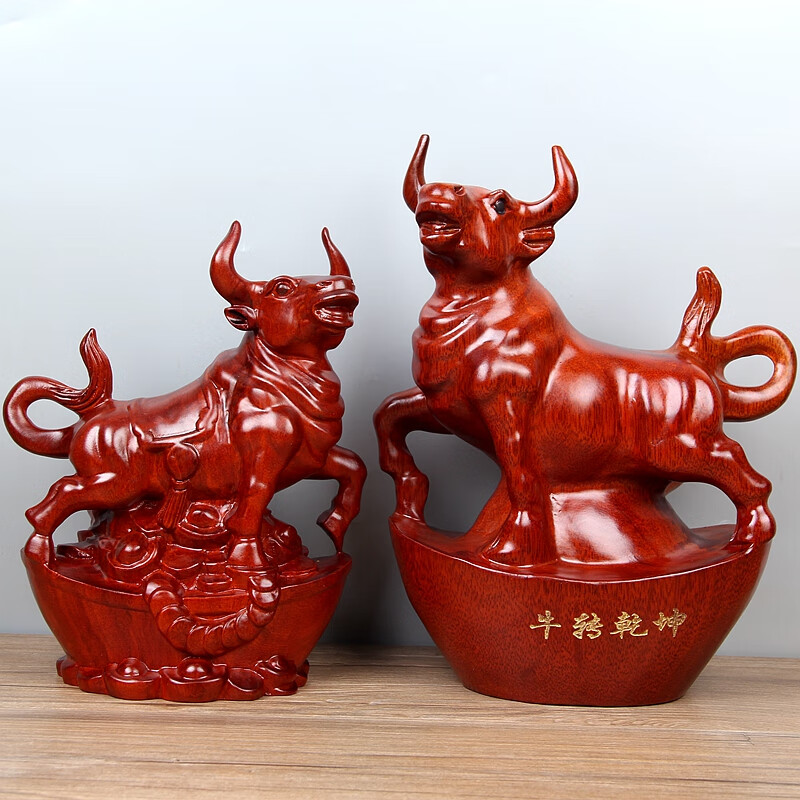 东阳木雕实木牛家居牛气冲天十二生肖木质牛工艺品桌面装饰牛摆件