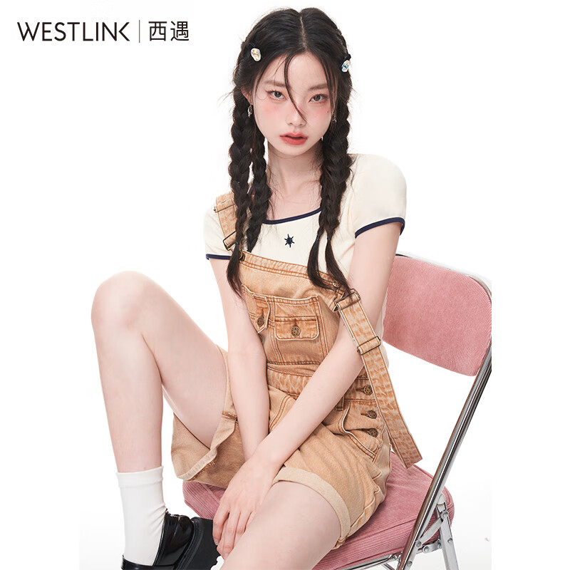 西遇美式复古背带裤女2023年新款夏季卡其色宽松卷边牛仔连体短裤 卡其色 M属于什么档次？