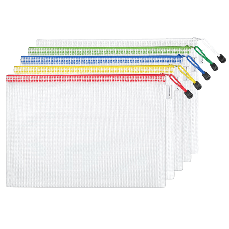 金蝶金蝶a4透明文件袋 手提文具袋 加厚拉鏈袋網(wǎng)格透明防水資料袋 學(xué)生試卷袋 【紅黃藍(lán)綠白混色】5個(gè)裝 加厚PVC