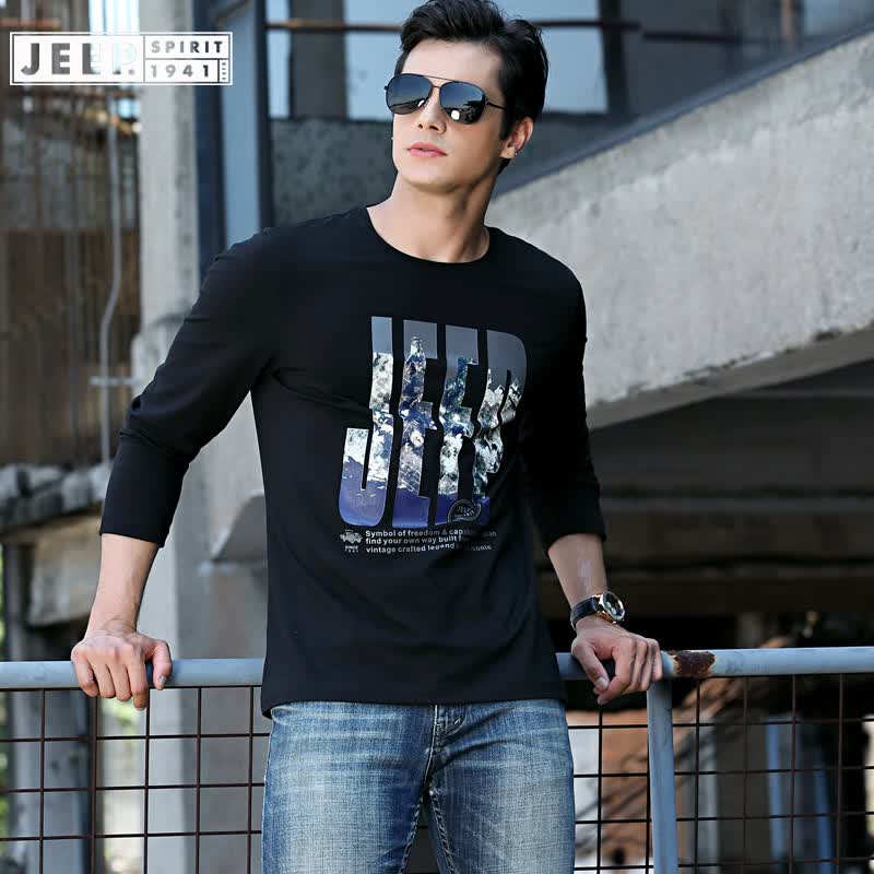 吉普（JEEP）T恤男长袖休闲春秋圆领套头男士上衣体恤打底衫 黑色 3XL属于什么档次？