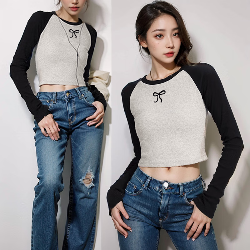 TAKE MOVE秋季撞色拼接圆领长袖T恤女24新款修身显瘦训练健身潮流休闲打底 灰拼黑 S (80-95斤)