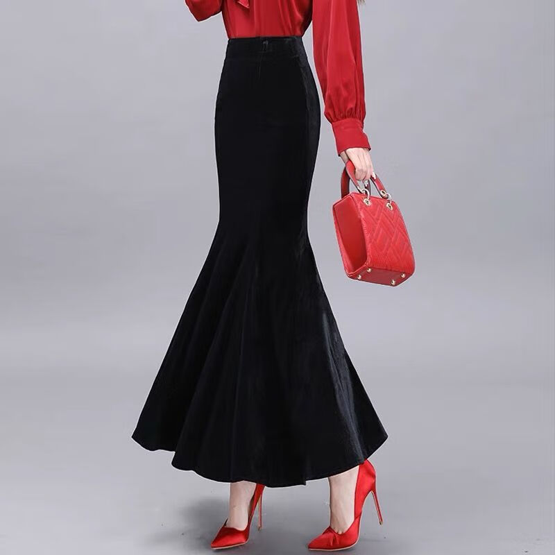 春秋季包臀高腰鱼尾裙女长裙裙子秋冬新款垂坠感金丝绒鱼尾裙 黑色 s