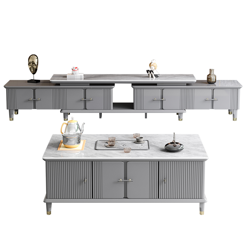 风之意 岩板茶几电视柜组合意式极简家用多功能可伸缩地柜客厅家具SRMG-2201 岩板茶几电视柜组合 1.4m功夫茶几