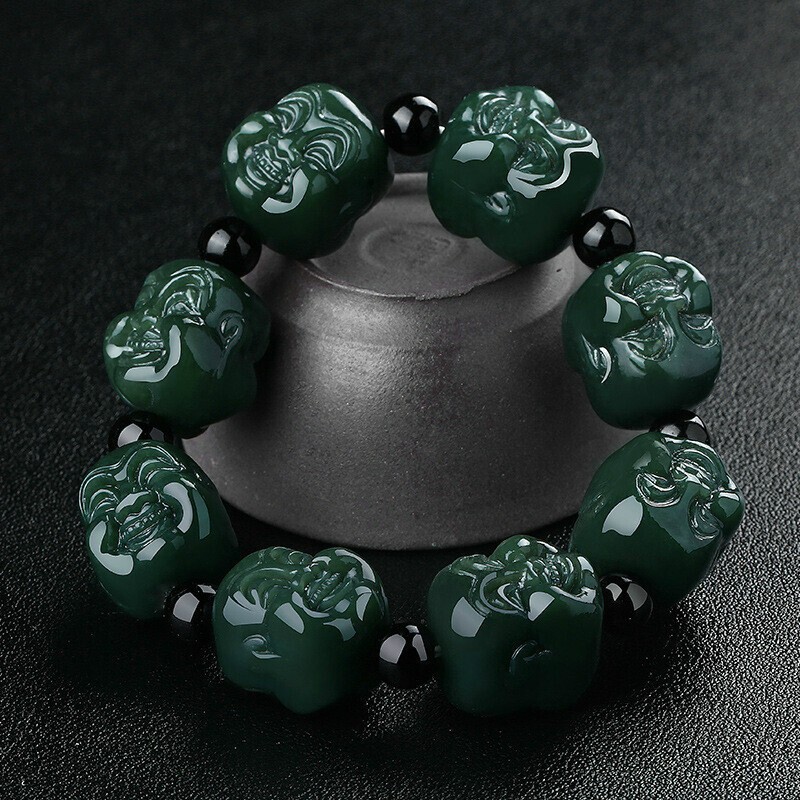 赵禄新疆和田玉手链玉佛头青玉手串男款弥勒佛玉手链玉器玉石带证书