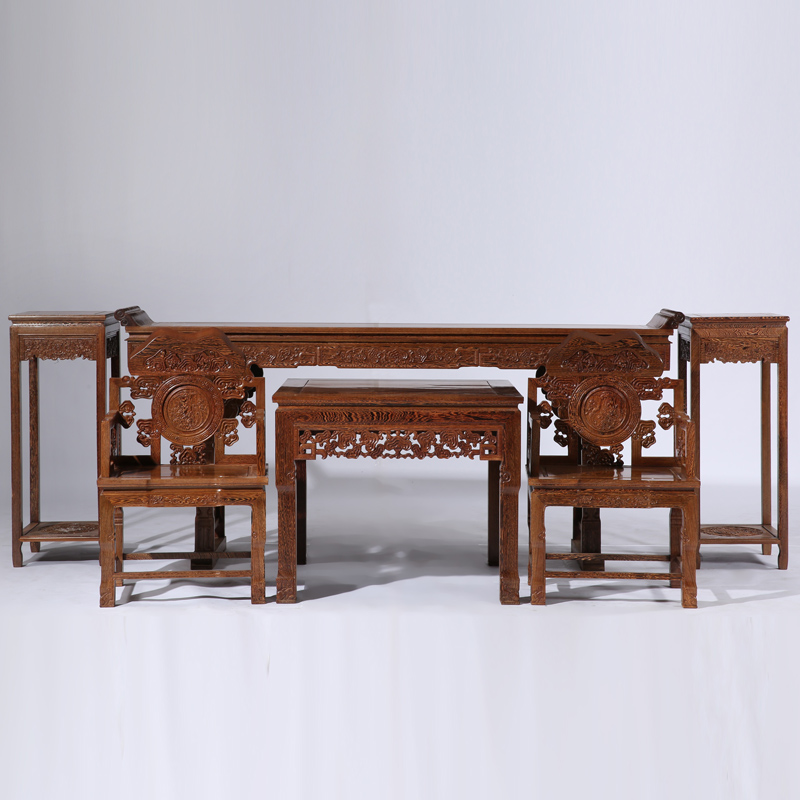 鸡翅木(学名:非洲崖豆木)灵芝中堂四件套六件套 实木中式仿古条案条桌