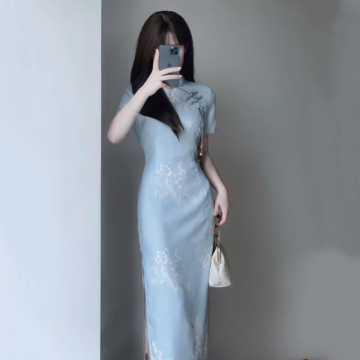 罗蒙（ROMON）2023夏季新款改良素雅旗袍日常修身蓝色温柔古法旗袍长款高级感 9191蓝色 有内里 XL高性价比高么？