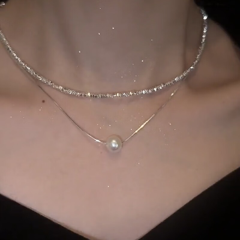 蝶灿波光粼粼项链双层叠戴珍珠女夏季轻奢小众设计碎银颈链锁骨链新款