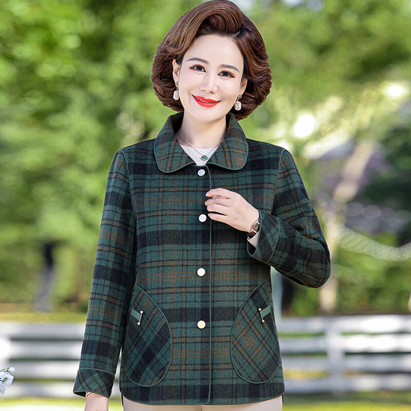 漫花格女装妈妈春装外套洋气短款毛呢外衣新款中年女春秋呢子上衣 墨