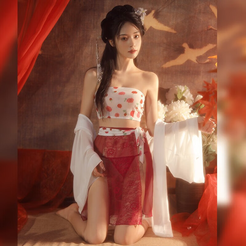 碎花抹胸古风蕾丝绑裙古装汉服情趣内衣女五件套装性感透视诱惑裹