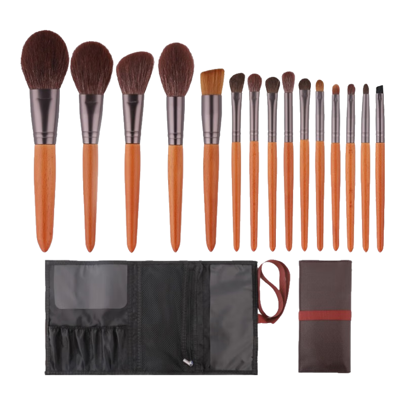 YAHLIGS新年送老婆15支動物毛滄州化妝刷套裝羊毛眼影散粉腮紅刷羊毛刷 動物毛化妝刷 15支 +荔枝紋綁帶包 15支套刷