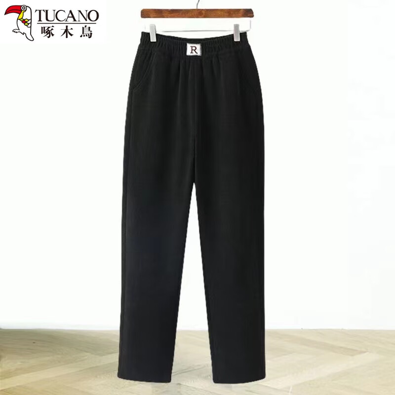 啄木鸟秋冬新加厚雪尼尔妈妈裤高腰弹力休闲裤宽松显瘦直筒裤女长裤加绒 R 卡其【加绒加厚】 加绒 3XL 建议105-130斤