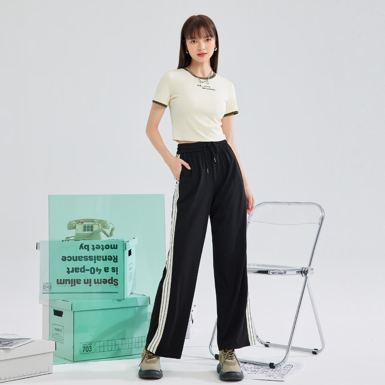 ief/爱依服休闲裤女2022年夏季新款高街复古运动风宽松条纹阔腿裤3525