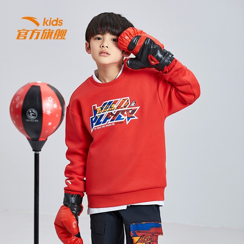 安踏儿童卫衣时尚印花如虎添翼套头衫童装服饰春秋男童圆领长袖上衣