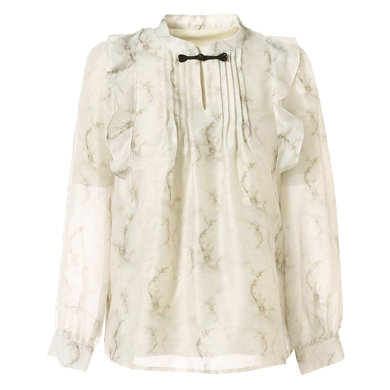 百图betu女装秋季新款衬衫碎花国风打条娃娃雪纺衬衫女2408T48 杏色 M