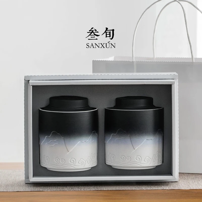 叁旬（sanxun） 山海觀大茶葉罐家用儲茶罐防潮創(chuàng)意擺件茶具陶瓷大號密封罐子 山海觀大茶葉罐(白砂釉)雙罐禮盒