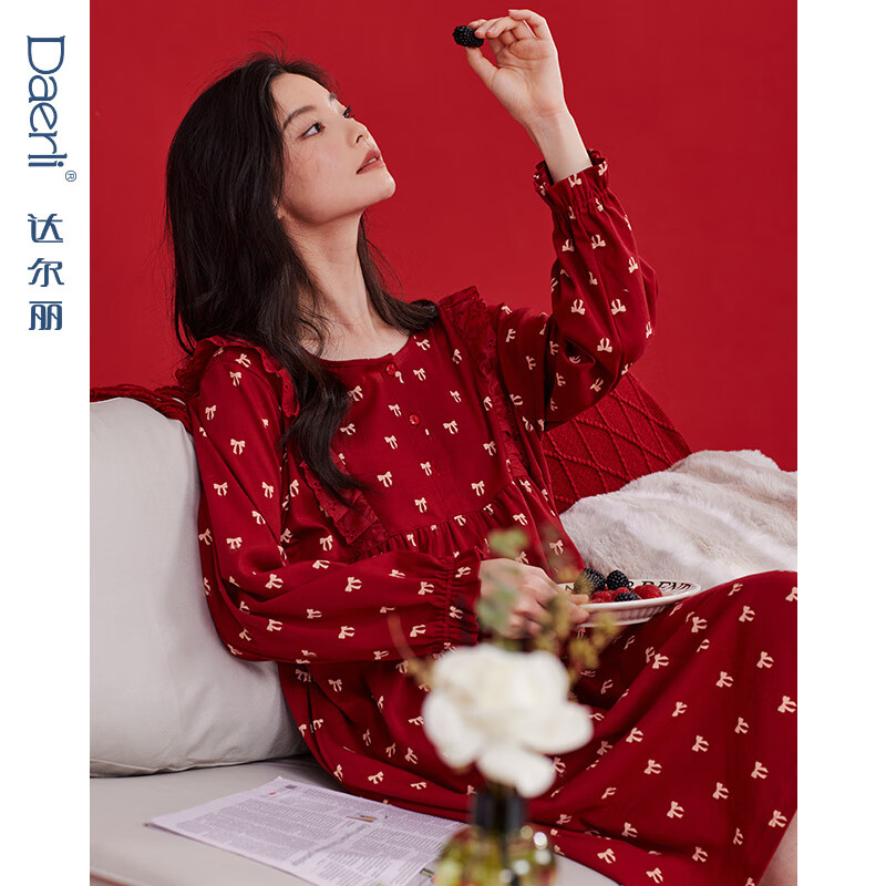 达尔丽红色睡裙女纯棉春秋圆领长袖中裙新款本命年甜美蝴蝶结印花连衣裙 T8246218-029-红色 2XL