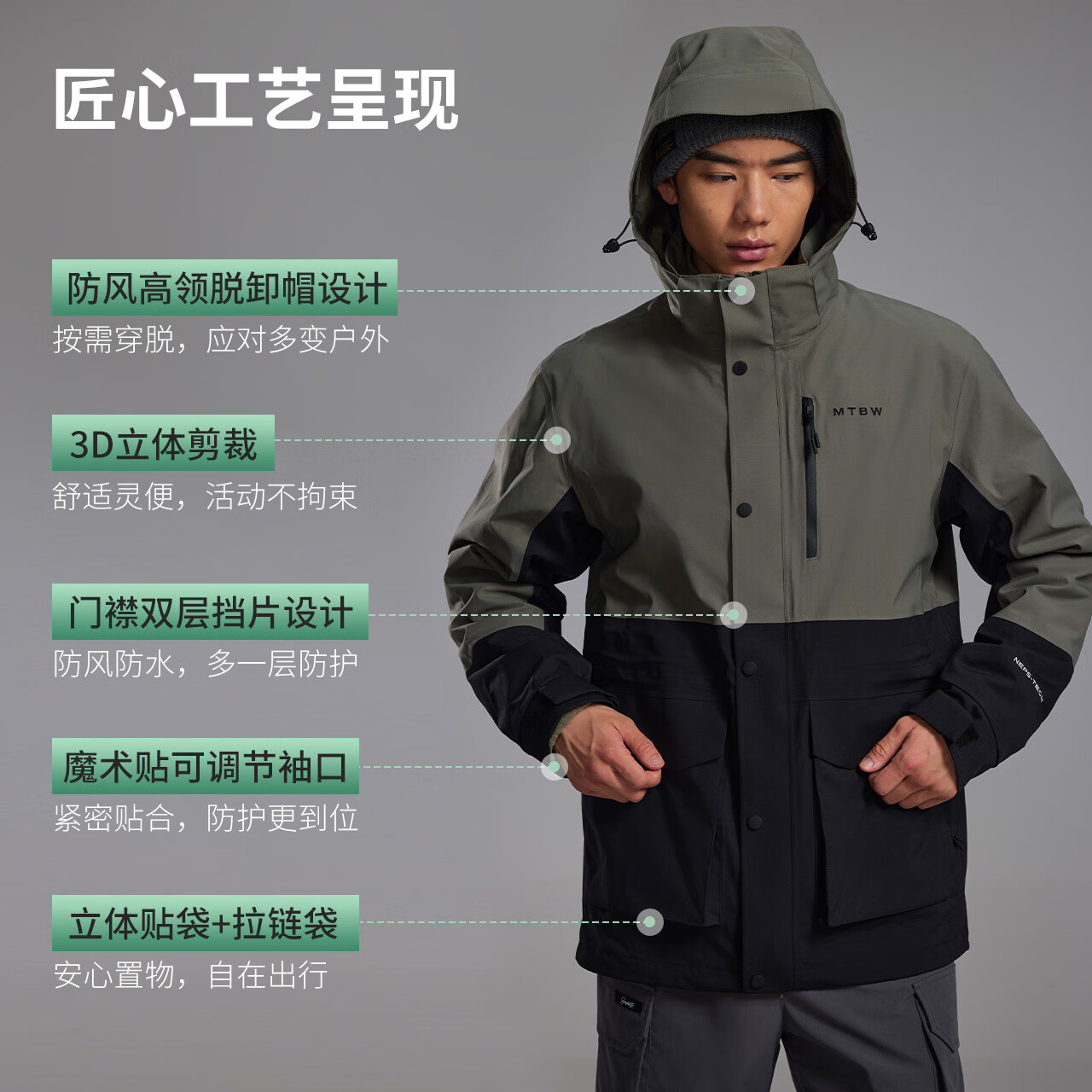 美特斯邦威【华夏之壳-林系列】三防冲锋衣男款25年春季新款户外情侣登山服 竹影绿/玄影黑 L (175)