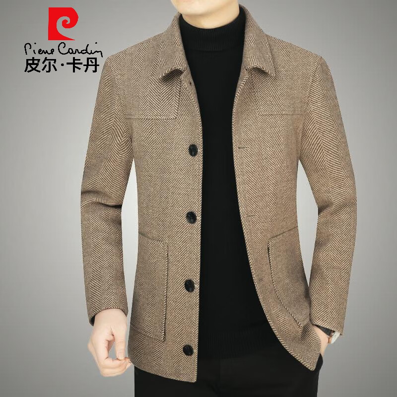 皮尔卡丹秋冬新款中青年男士毛呢衣多穿夹克休闲翻领羊毛外套中老年