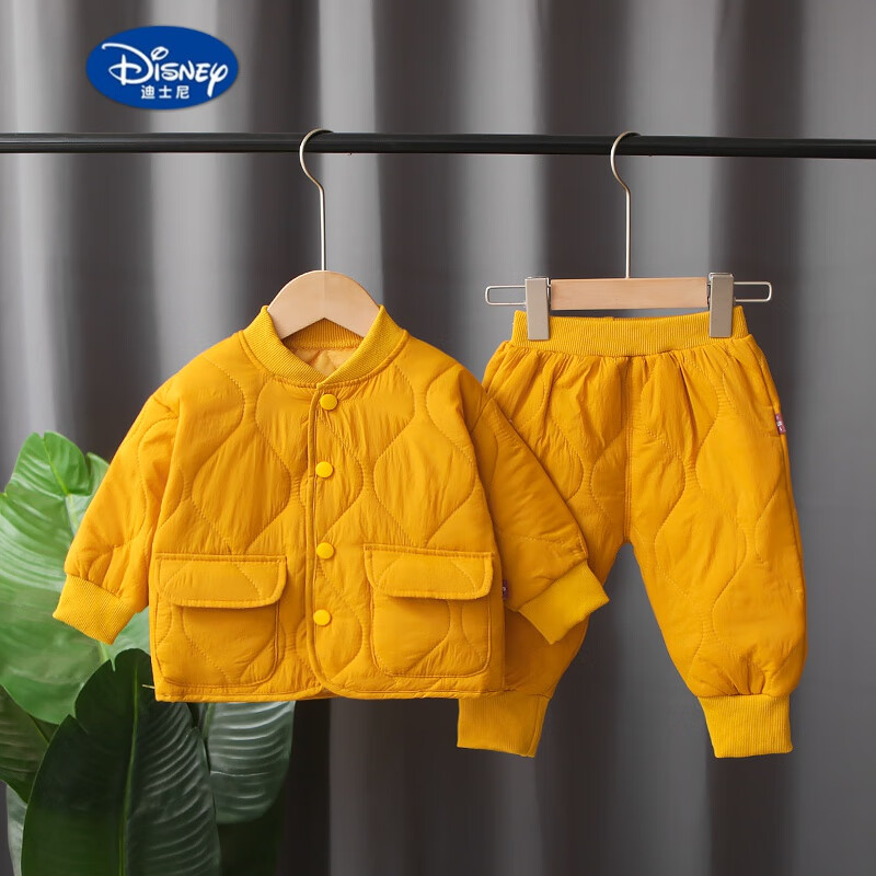 迪士尼（Disney）男寶寶冬裝輕薄棉服套裝0-4歲洋氣小童兩件套兒童秋冬季外套潮女5 黃色:KDL純色棉衣 73cm